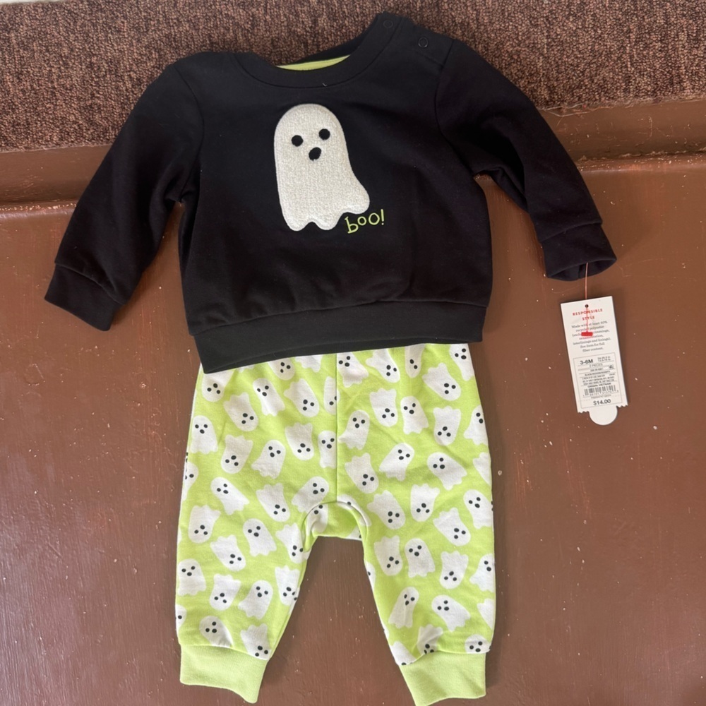 Baby Cat and Jack Black and Green Ghost Outfit - unisex 3/6 months